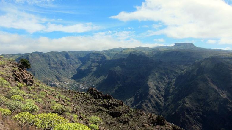 Das Tal Valle Gran Rey und der Tafelberg Fortaleza im Hintergrund